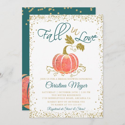 Skript-Glitzer Pumpkin Fall in Liebe Brautparty Einladung (Vorne/Hinten)