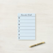 Skript-hellblaue Namenswochenzeitung, zum der Post-it Klebezettel (Auf Schreibtisch)