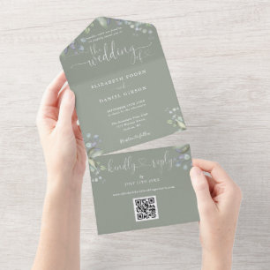 Skript Herzen Floral QR Code Salbei Grün Hochzeit All In One Einladung