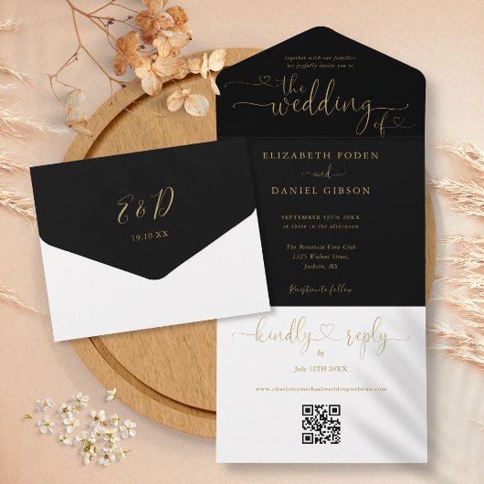 Skript Hört Schwarz und Gold QR Code Hochzeit All In One Einladung