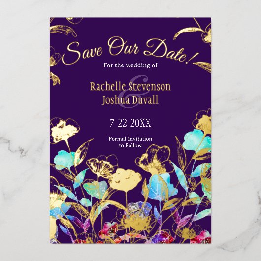 Skript Lila Blumenhochzeit Speichern Sie die Datum Folieneinladung (Vorderseite)