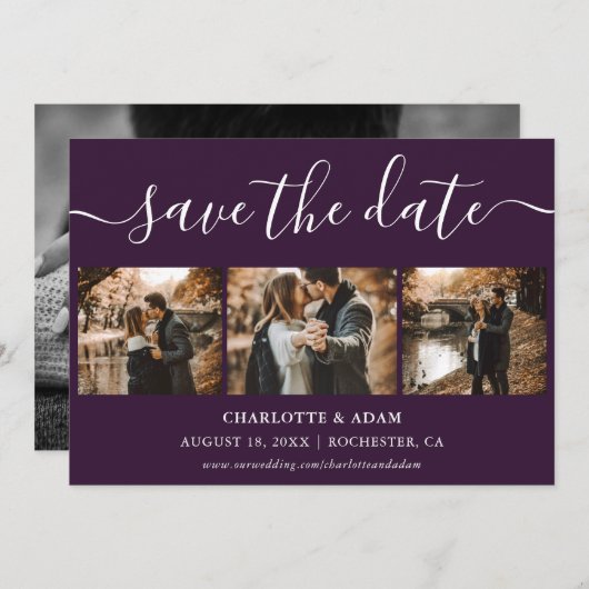 Skript Lila Hochzeitungs-Foto Speichern Sie die Da Save The Date (Vorne/Hinten)