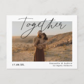 Skript mit zwei Fotos Save the Date Postkarte (Vorderseite)