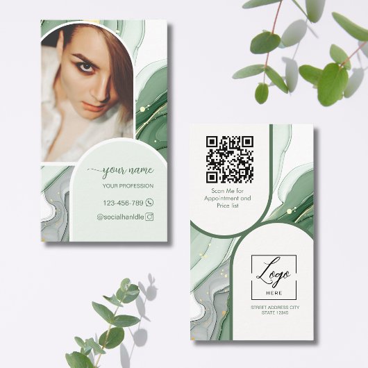 Skript Moderne Bogen-Weise Grün-Foto-QR-Code-Logo Visitenkarte