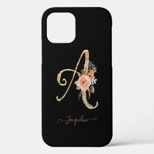Skript-Monogramm A Schwarz Gold BOHO Rosa Florales iPhone 12 Hülle