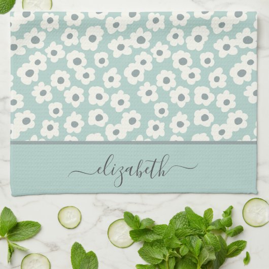 Skript-Monogramm Boho Sage Grün Weiß Grau Floral Geschirrtuch (Gefaltet)