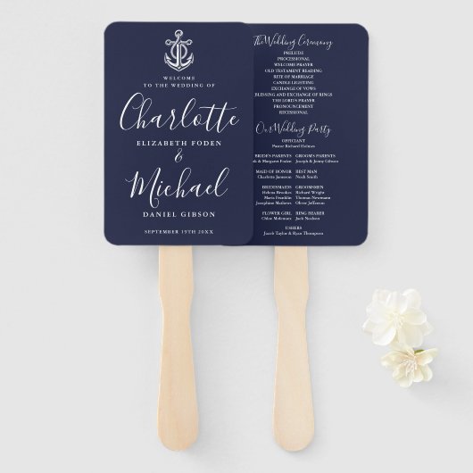 Skript Navy Blue Anchor Nautical Wedding Programm Fächer (Vorne und Hinten)