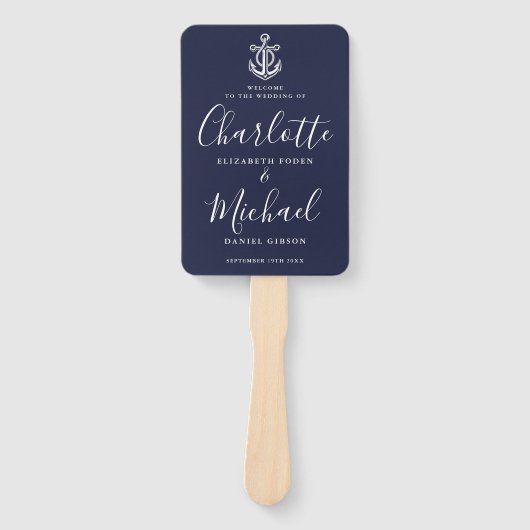 Skript Navy Blue Anchor Nautical Wedding Programm Fächer (Vorderseite)