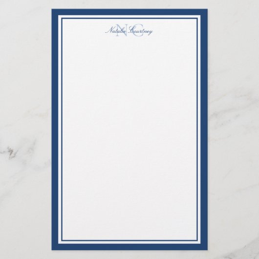 Skript Navy Blue Two Border Monogram Vertikal Briefpapier (Vorderseite)