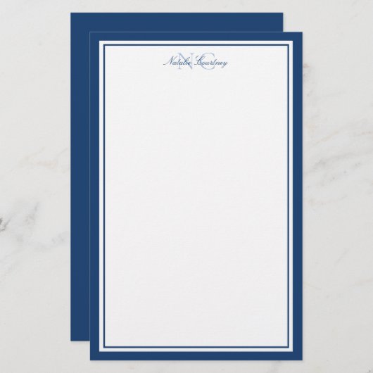 Skript Navy Blue Two Border Monogram Vertikal Briefpapier (Vorne/Hinten)