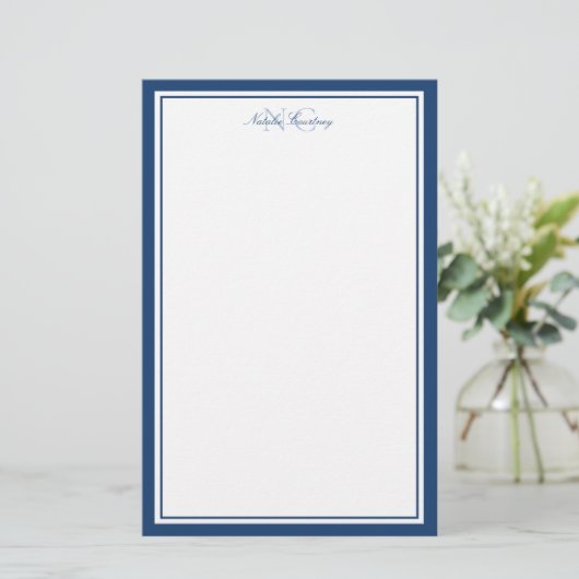 Skript Navy Blue Two Border Monogram Vertikal Briefpapier (Stehend Vorderseite)