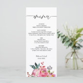 Skript-Rosa-Blumenhochzeit Menükarte (Stehend Vorderseite)
