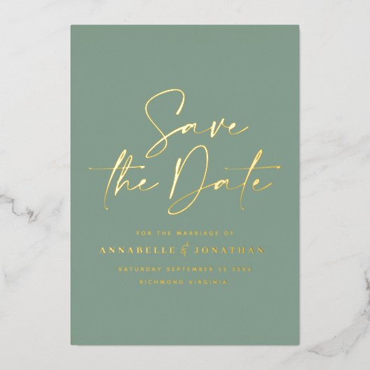 Skript Salbei Grün Folie Hochzeit speichern das Da Folieneinladung (Vorderseite)