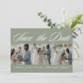 Skript Salbeigrün Foto Collage Strandhochzeit Save The Date (Stehend Vorderseite)
