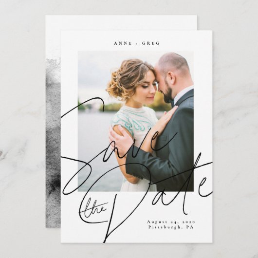 Skript Schwarz-weiß Save the Date Fotokarte Einladung (Vorne/Hinten)