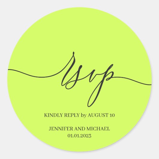 Skript-Signatur Elegante Hochzeits-RSVP Cyber Lime Runder Aufkleber (Vorderseite)