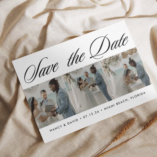 Skript-Typografie-Foto-Collage Strandhochzeit Save The Date