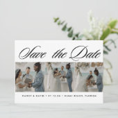 Skript-Typografie-Foto-Collage Strandhochzeit Save The Date (Stehend Vorderseite)