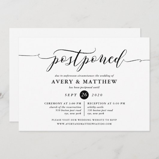 Skript Vertagte Hochzeitfeier und Empfang Einladung (Vorne/Hinten)