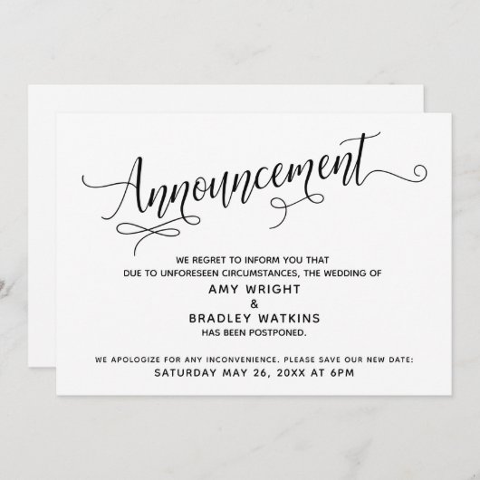 Skript verzögern Hochzeitsankündigung Einladung (Vorne/Hinten)