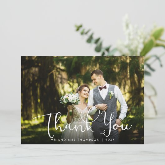 Skript Vielen Dank Gold Hearts Wedding Foto Dankeskarte (Stehend Vorderseite)