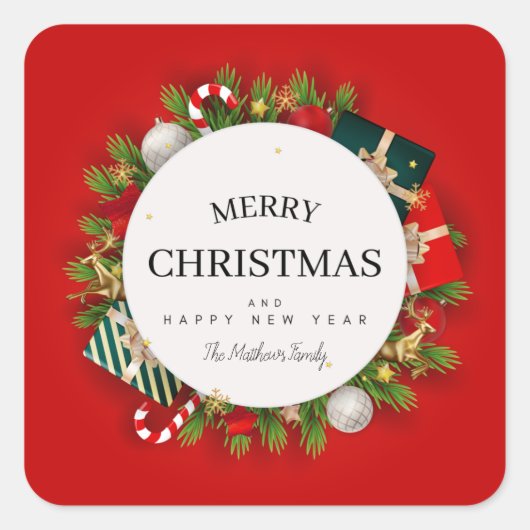 Skript Weihnachtsgeschenke und Familiensignatur Quadratischer Aufkleber (Vorderseite)