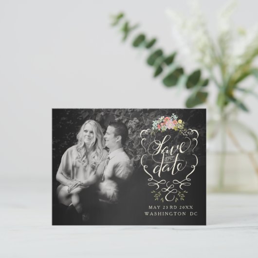 Skriptbuchstaben Save the Date Foto Postkarte (Stehend Vorderseite)