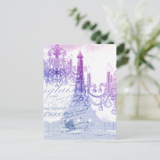 Skripte lila Kronleuchter Paris eiffel Turm Postkarte (Stehend Vorderseite)