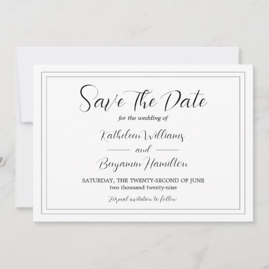 Skriptformale Schwarz-Weiß-Foto-Hochzeit Save The Date (Vorderseite)