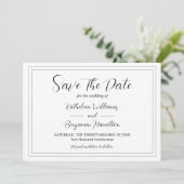 Skriptformale Schwarz-Weiß-Foto-Hochzeit Save The Date (Stehend Vorderseite)