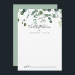 Skriptgrüne Schriften Hochzeitwörter der Weisheit Hinweiskarte<br><div class="desc">Dieses Skript grüne Blattwerk Hochzeitwörter der Weisheitsratenkarte ist perfekt für eine moderne Hochzeit. Das Design ist mit Aquarellfarben handgezeichnet eleganten botanischen Eukalyptuszweigen und Blätter, die in schönen Bouquets und geometrischen Mustern angeordnet sind. Diese Karten sind ideal für Hochzeiten, Brautparty, Babydusche, Graduiertenfest u.v.m. Personalisieren Sie die Karten mit den Namen der...</div>