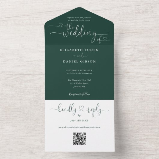Skriptherzen Emerald Green QR Code Hochzeit All In One Einladung (Innen Boden)