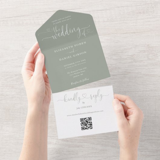 Skriptherzen Sage Green QR Code Hochzeit All In One Einladung (Abreißen)