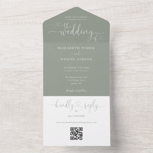 Skriptherzen Sage Green QR Code Hochzeit All In One Einladung (Innen Boden)