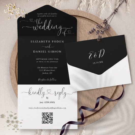 Skriptherzen, schwarz und weiß QR-Code Hochzeiten All In One Einladung