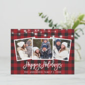 Skriptleuchten 3 Foto Rot Kariert Feiertagskarte (Stehend Vorderseite)