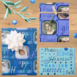 Skriptmuster Blau auf Blue 4 Foto Hanukkah Geschenkpapier Set<br><div class="desc">Erstellen Sie Ihr eigenes personalisiertes Packpapier für Hanukkah mit dieser Schriftzeichen blau auf blau, drei lustigen Mustern und Ihren Fotos, die als Teil des Designs hervorgehoben werden. Dieses blau auf blauen Hanukkah-Umhüllungspapier ist leicht zu personalisieren für eine Art Chanukah Geschenkverpackung in einem dreiseitigen Sortiment. Blatt One hat ein Muster von...</div>