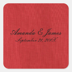 Skriptnamen Datum Red Linen Texture Foto Hochzeit Quadratischer Aufkleber