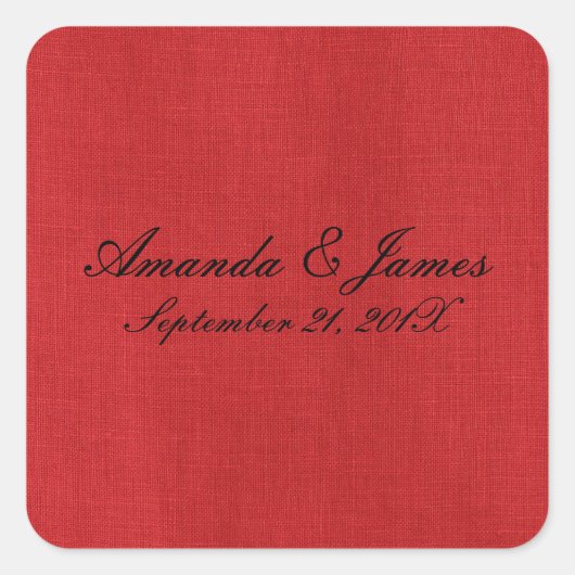 Skriptnamen Datum Red Linen Texture Foto Hochzeit Quadratischer Aufkleber (Vorderseite)