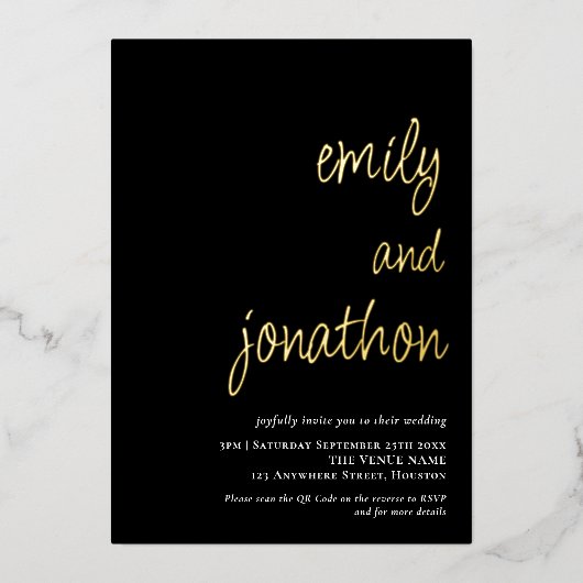 Skriptnamen QR Code Hochzeit Black Luxury Folieneinladung (Vorderseite)