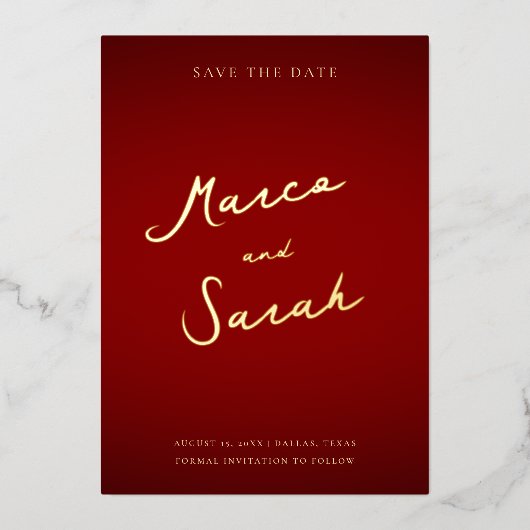 Skriptnamen | Rote und goldene Hochzeit Sichern Si Folieneinladung (Vorderseite)