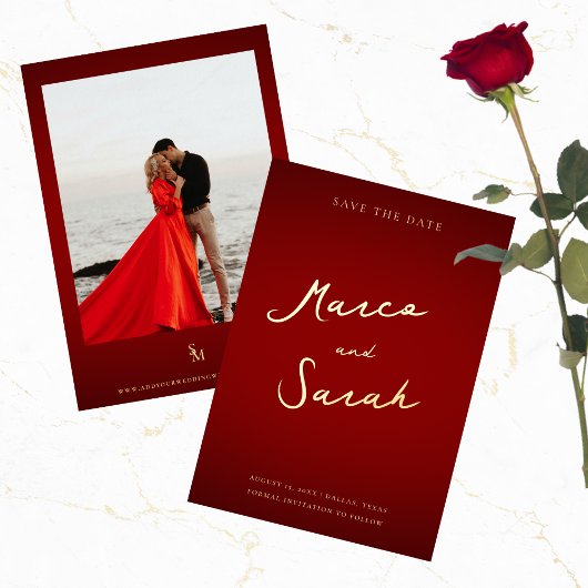 Skriptnamen | Rote und goldene Hochzeit Sichern Si Folieneinladung