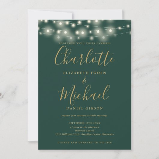 Skriptschrift Grüner Gold QR Code Hochzeit Einladung (Vorderseite)