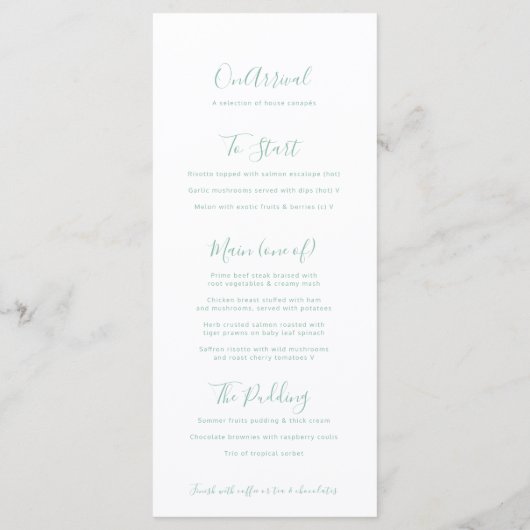 Skripttext weißes Herz auf grünen Hochzeitsmenüs Menükarte (Rückseite)