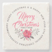 Skripttypografie Frohe Weihnachten Floral Bouquet Steinuntersetzer (Vorderseite)