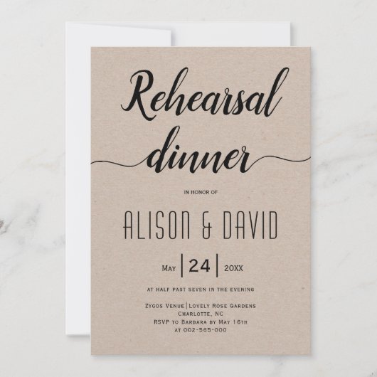 Skripttypografie rustikale Hochzeit Probe Abendess Einladung (Vorderseite)