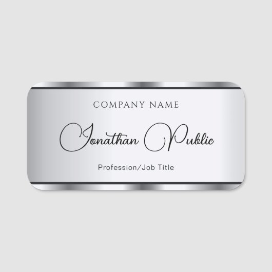 Skriptvorlage Elegante Silver Look Typografie Namensschild (Vorderseite)
