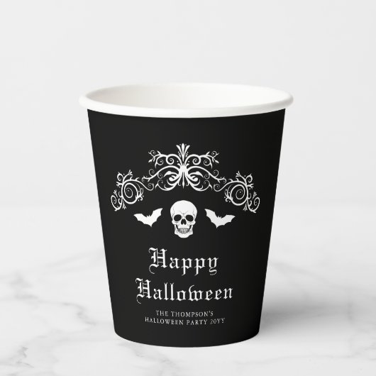 Skull and Bats Gothic Happy Halloween Black Pappbecher (Vorderseite)