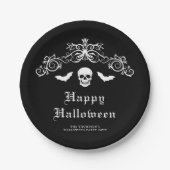 Skull and Bats Gothic Happy Halloween Black Pappteller (Vorderseite)
