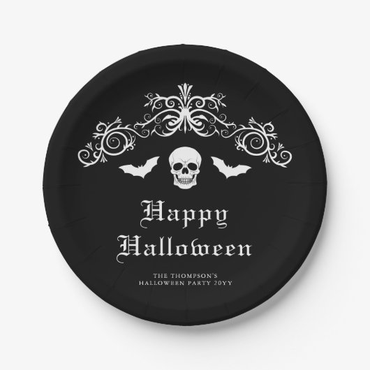 Skull and Bats Gothic Happy Halloween Black Pappteller (Vorderseite)